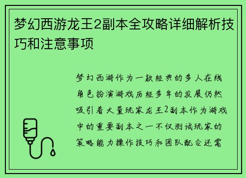 梦幻西游龙王2副本全攻略详细解析技巧和注意事项