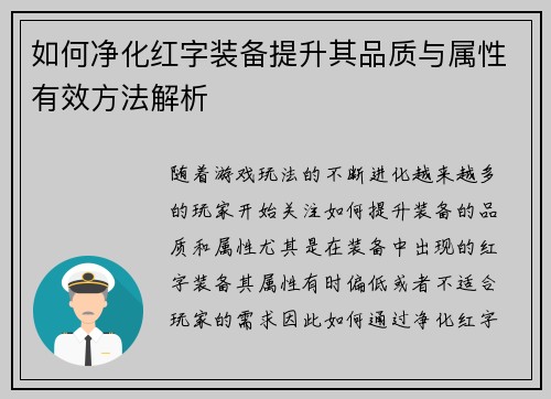 如何净化红字装备提升其品质与属性有效方法解析